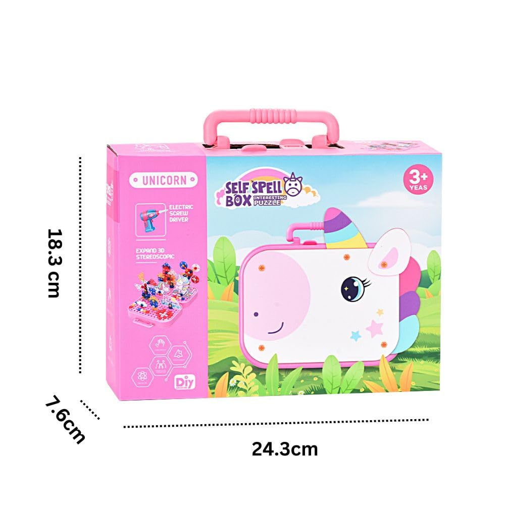 Plastic DIY Electric Drill Screw Tool Set – Mosaic Puzzle 228Pcs, 3D STEM Educational Kit for Kids, Construction & Building Block Kit (Unicorn Design), Pink