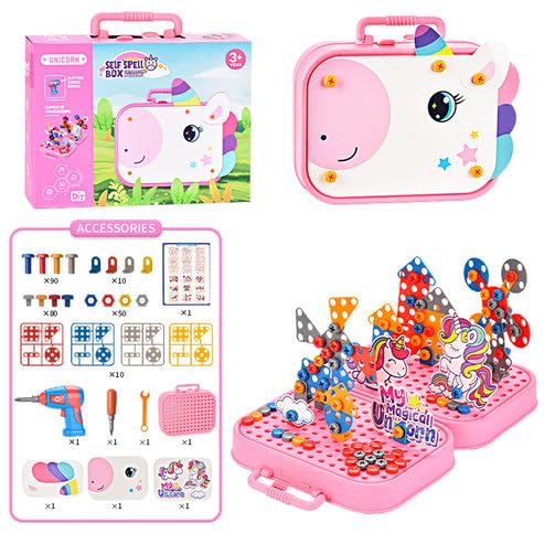 Plastic DIY Electric Drill Screw Tool Set – Mosaic Puzzle 228Pcs, 3D STEM Educational Kit for Kids, Construction & Building Block Kit (Unicorn Design), Pink