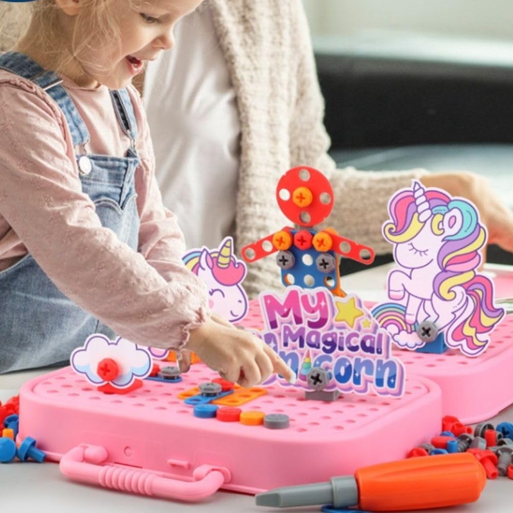 Plastic DIY Electric Drill Screw Tool Set – Mosaic Puzzle 228Pcs, 3D STEM Educational Kit for Kids, Construction & Building Block Kit (Unicorn Design), Pink