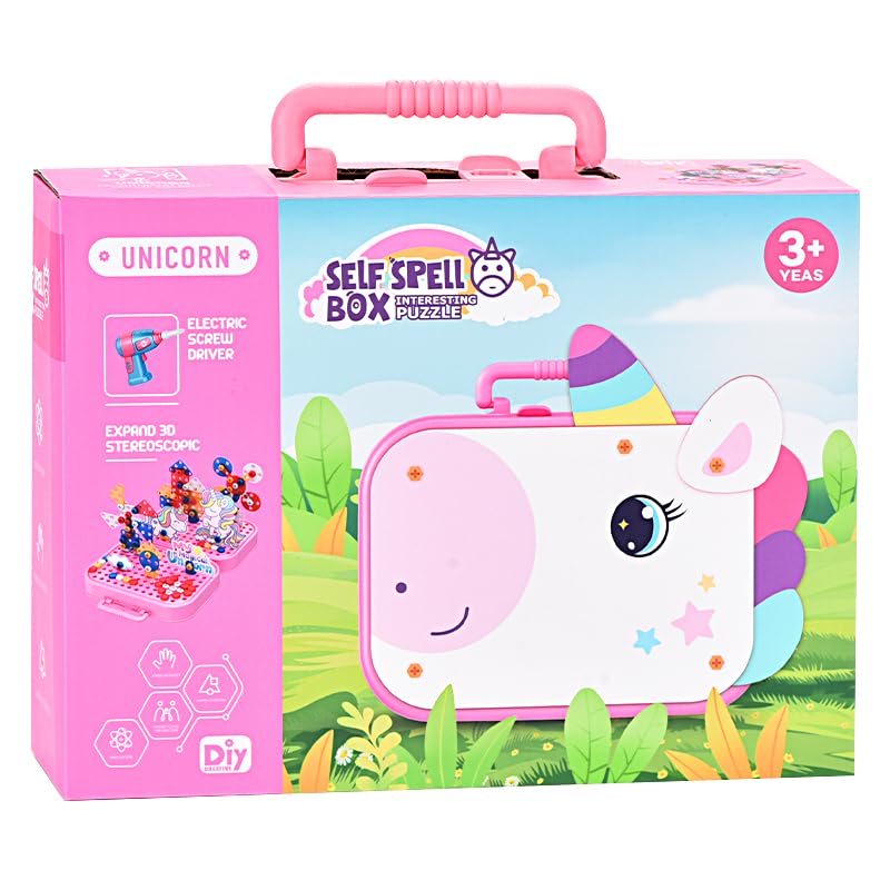 Plastic DIY Electric Drill Screw Tool Set – Mosaic Puzzle 228Pcs, 3D STEM Educational Kit for Kids, Construction & Building Block Kit (Unicorn Design), Pink