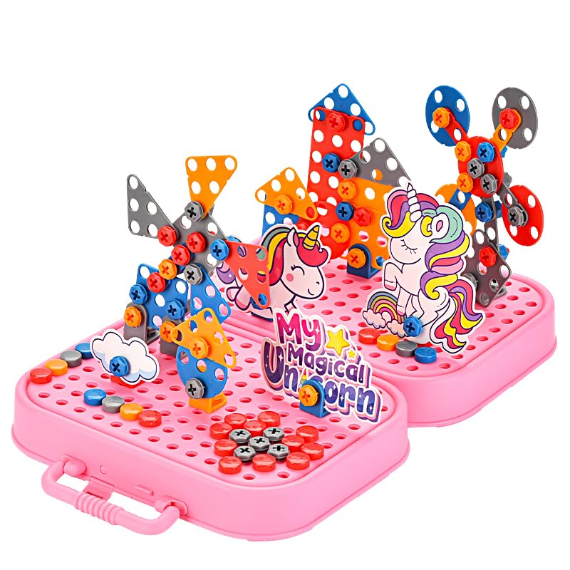 Plastic DIY Electric Drill Screw Tool Set – Mosaic Puzzle 228Pcs, 3D STEM Educational Kit for Kids, Construction & Building Block Kit (Unicorn Design), Pink