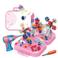 Plastic DIY Electric Drill Screw Tool Set – Mosaic Puzzle 228Pcs, 3D STEM Educational Kit for Kids, Construction & Building Block Kit (Unicorn Design), Pink