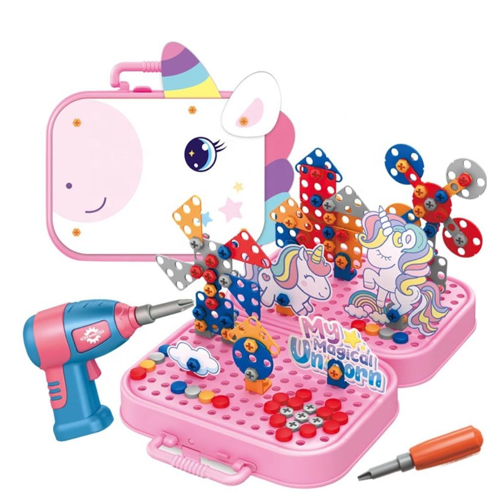 Plastic DIY Electric Drill Screw Tool Set – Mosaic Puzzle 228Pcs, 3D STEM Educational Kit for Kids, Construction & Building Block Kit (Unicorn Design), Pink