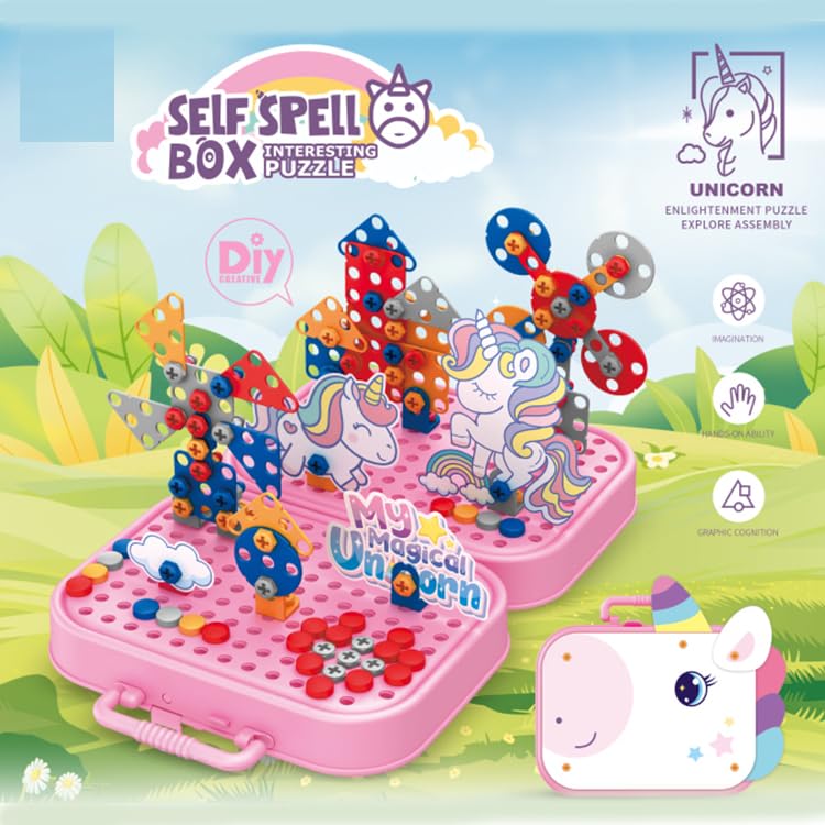Plastic DIY Electric Drill Screw Tool Set – Mosaic Puzzle 228Pcs, 3D STEM Educational Kit for Kids, Construction & Building Block Kit (Unicorn Design), Pink