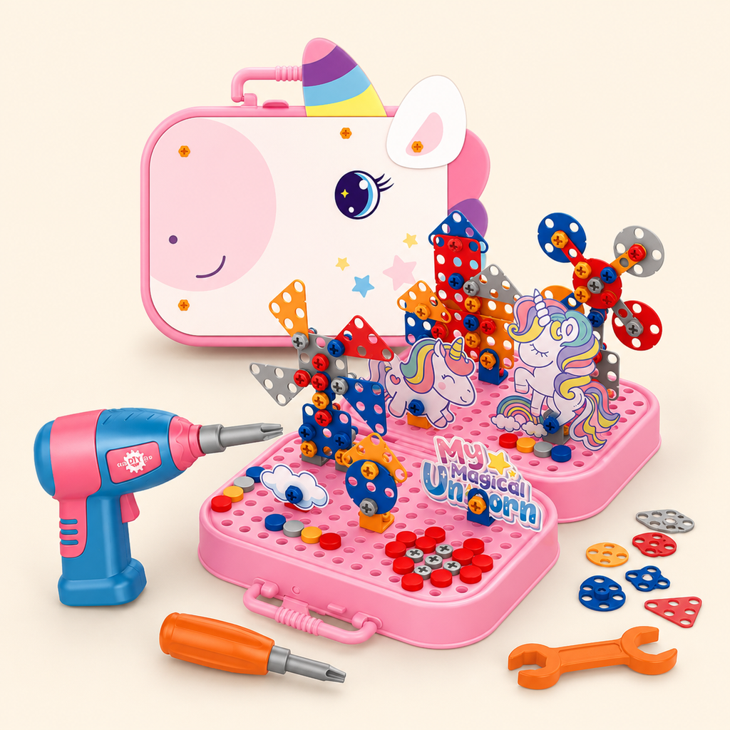 Plastic DIY Electric Drill Screw Tool Set – Mosaic Puzzle 228Pcs, 3D STEM Educational Kit for Kids, Construction & Building Block Kit (Unicorn Design), Pink