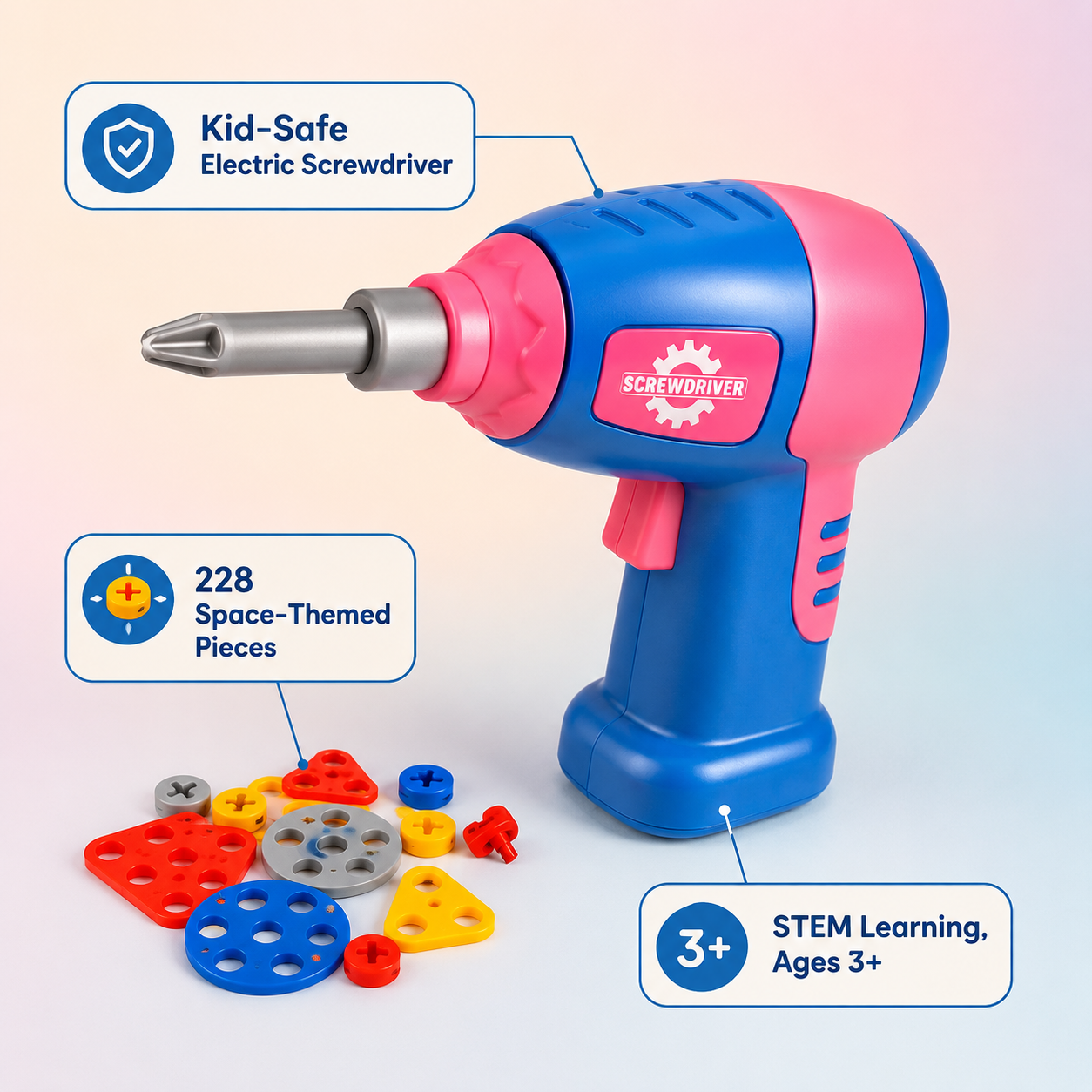 Plastic DIY Electric Drill Screw Tool Set – Mosaic Puzzle 228Pcs, 3D STEM Educational Kit for Kids, Construction & Building Block Kit (Unicorn Design), Pink