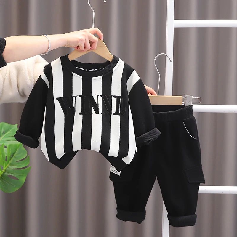 Boys Black Striped Polo T-Shirt and Jogger 2 Pcs Set