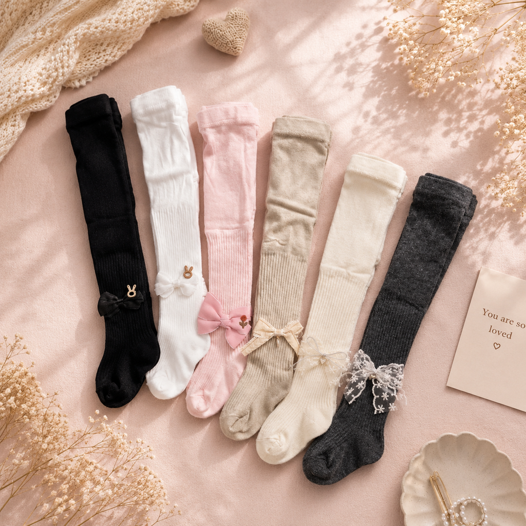Baby Girl Knee High Socks / Stockings with Lace Bow – Ribbed Cotton (0M–8Y)