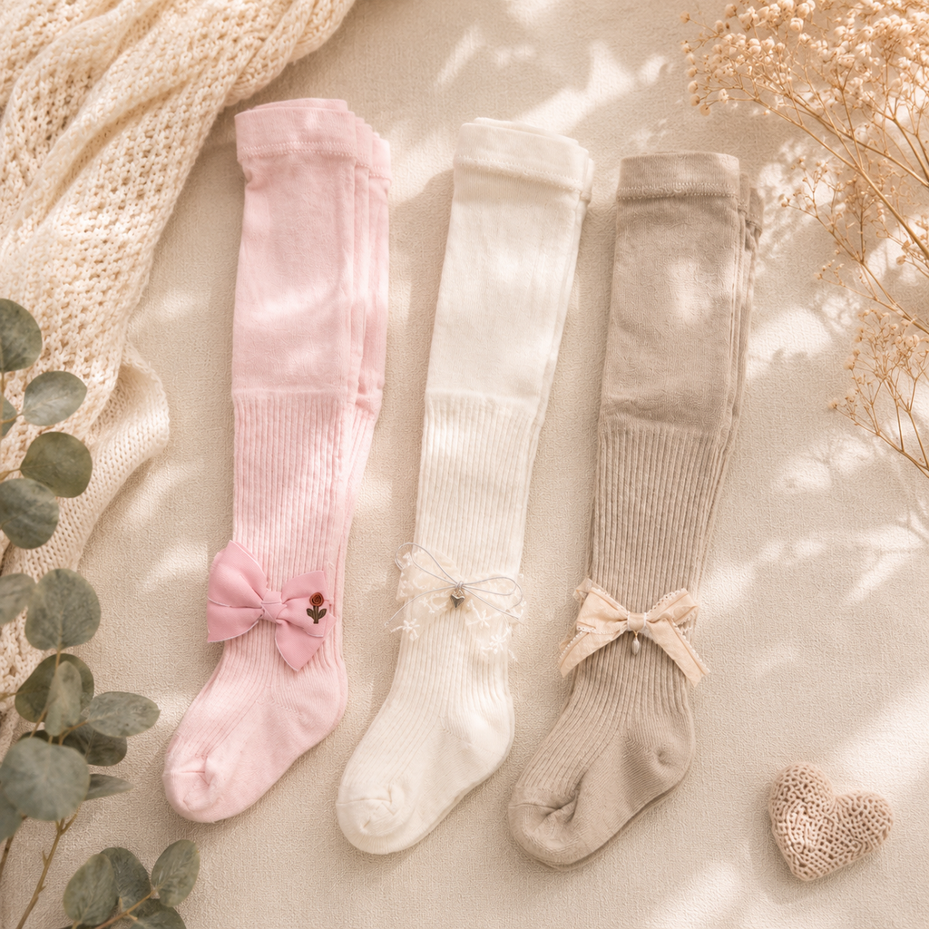 Baby Girl Knee High Socks / Stockings with Lace Bow – Ribbed Cotton (0M–8Y)