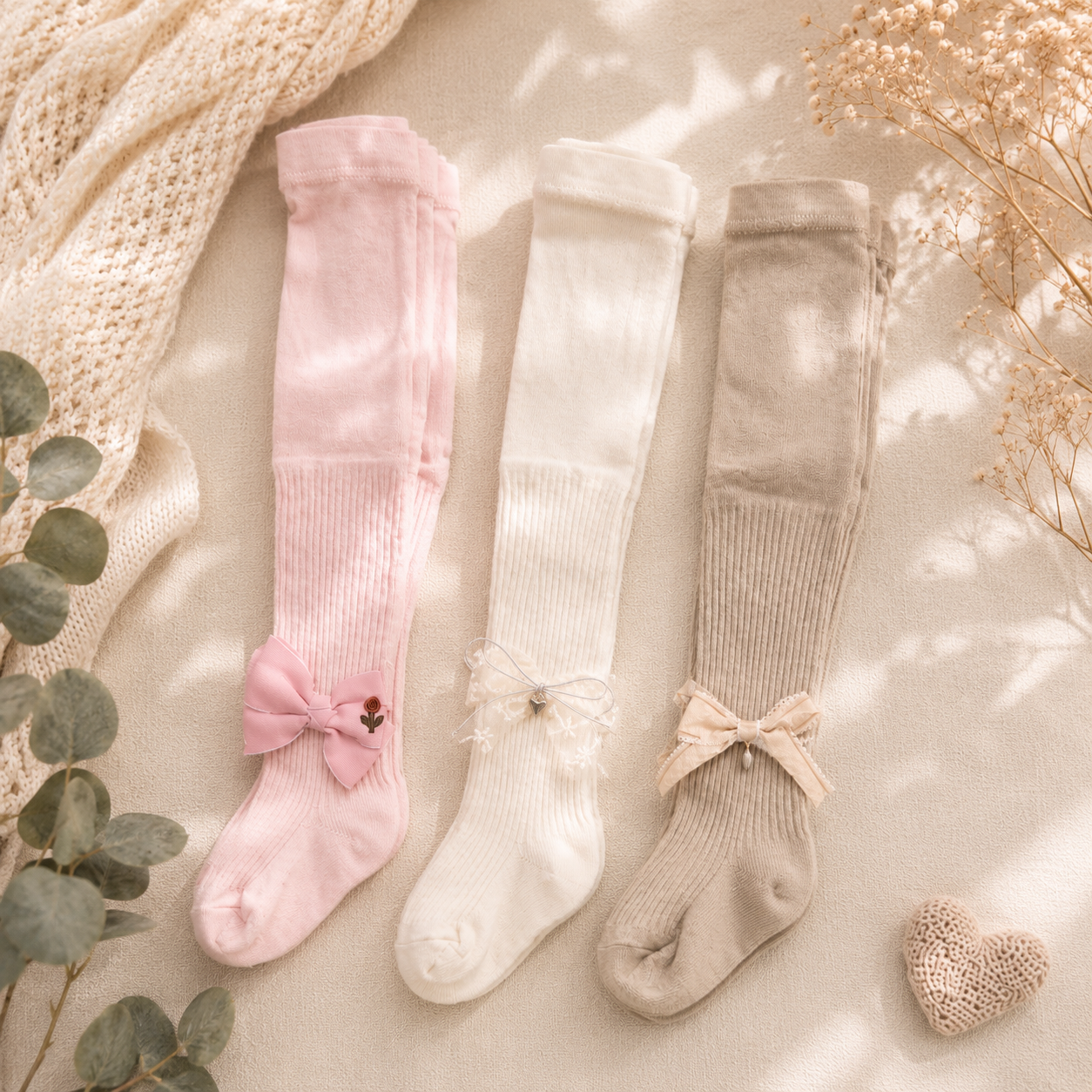 Baby Girl Knee High Socks / Stockings with Lace Bow – Ribbed Cotton (0M–8Y)