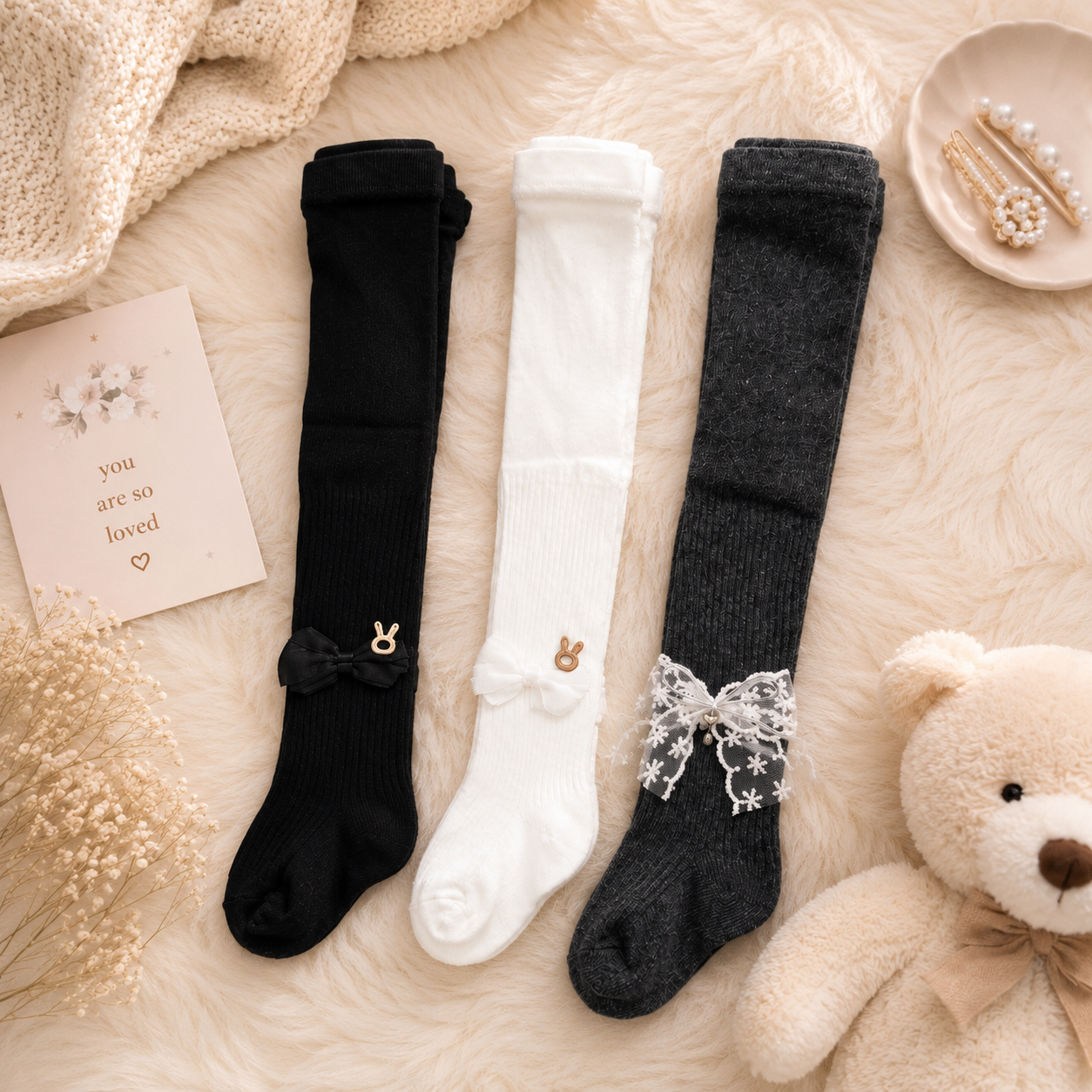 Baby Girl Knee High Socks / Stockings with Lace Bow – Ribbed Cotton (0M–8Y)