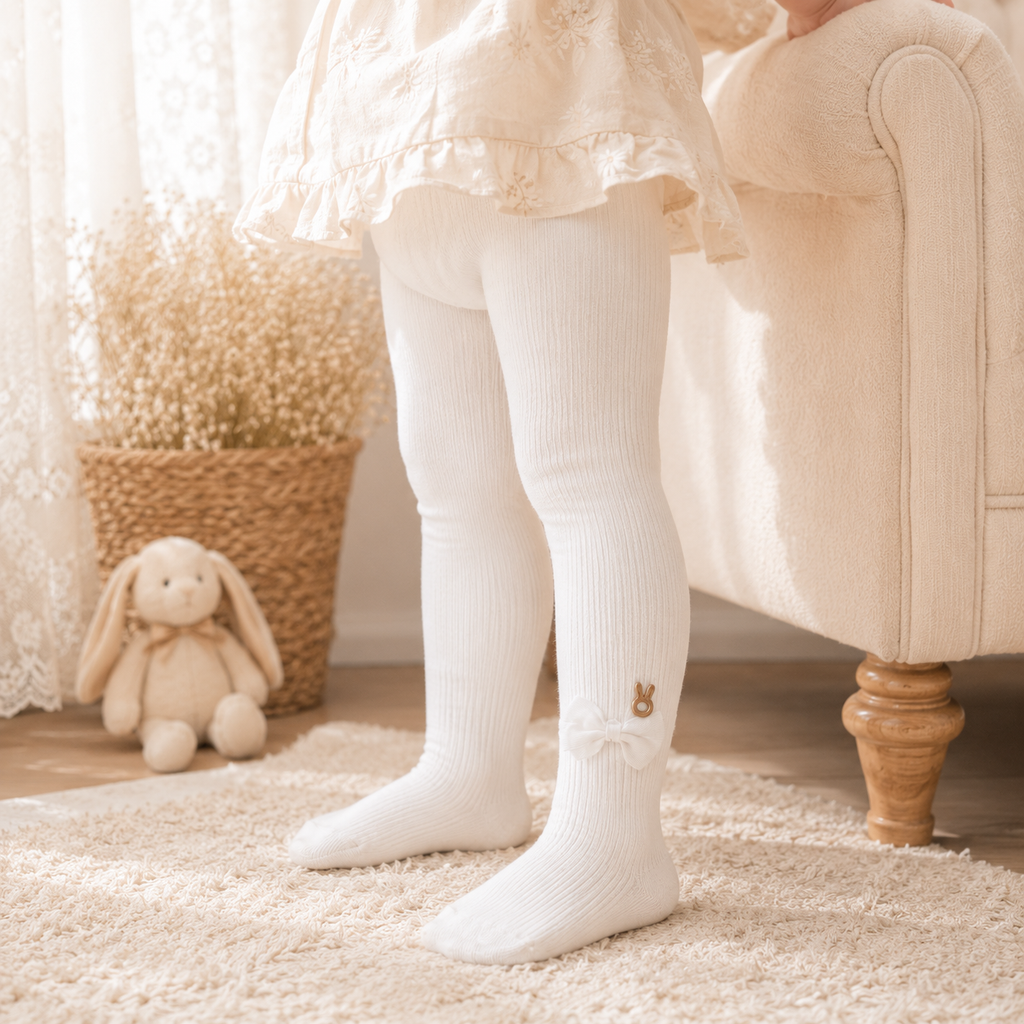 Baby Girl Knee High Socks / Stockings with Lace Bow – Ribbed Cotton (0M–8Y)