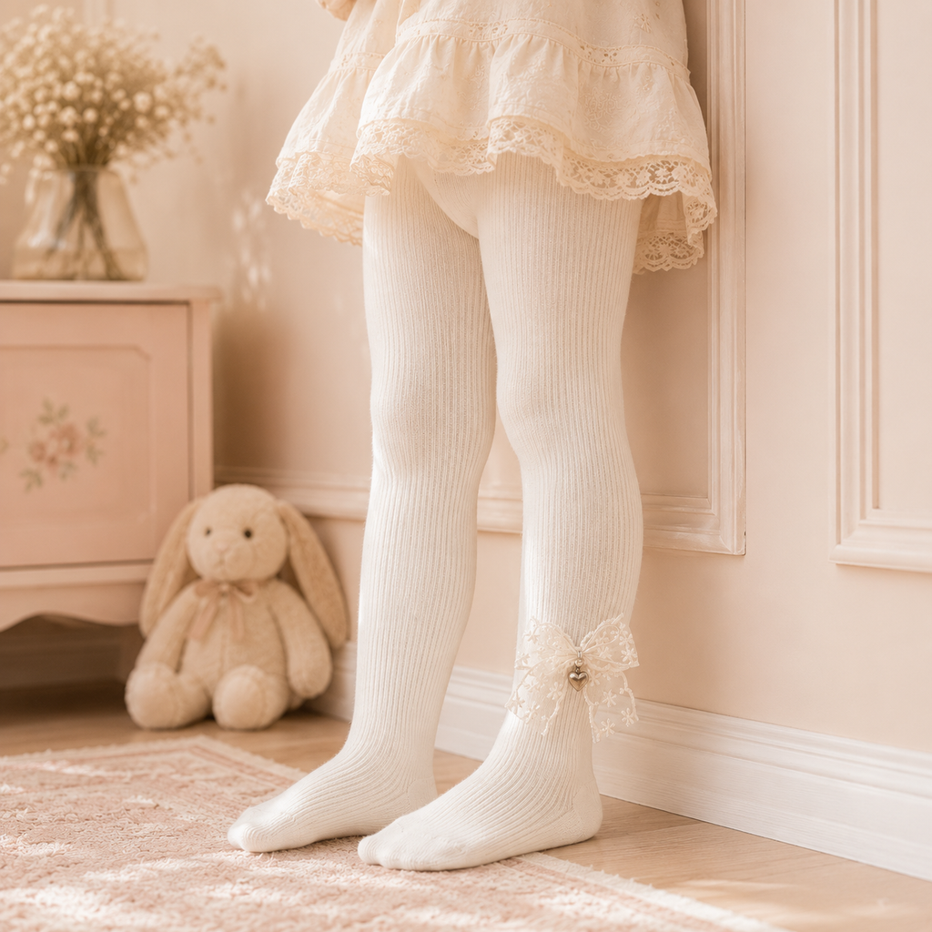 Baby Girl Knee High Socks / Stockings with Lace Bow – Ribbed Cotton (0M–8Y)