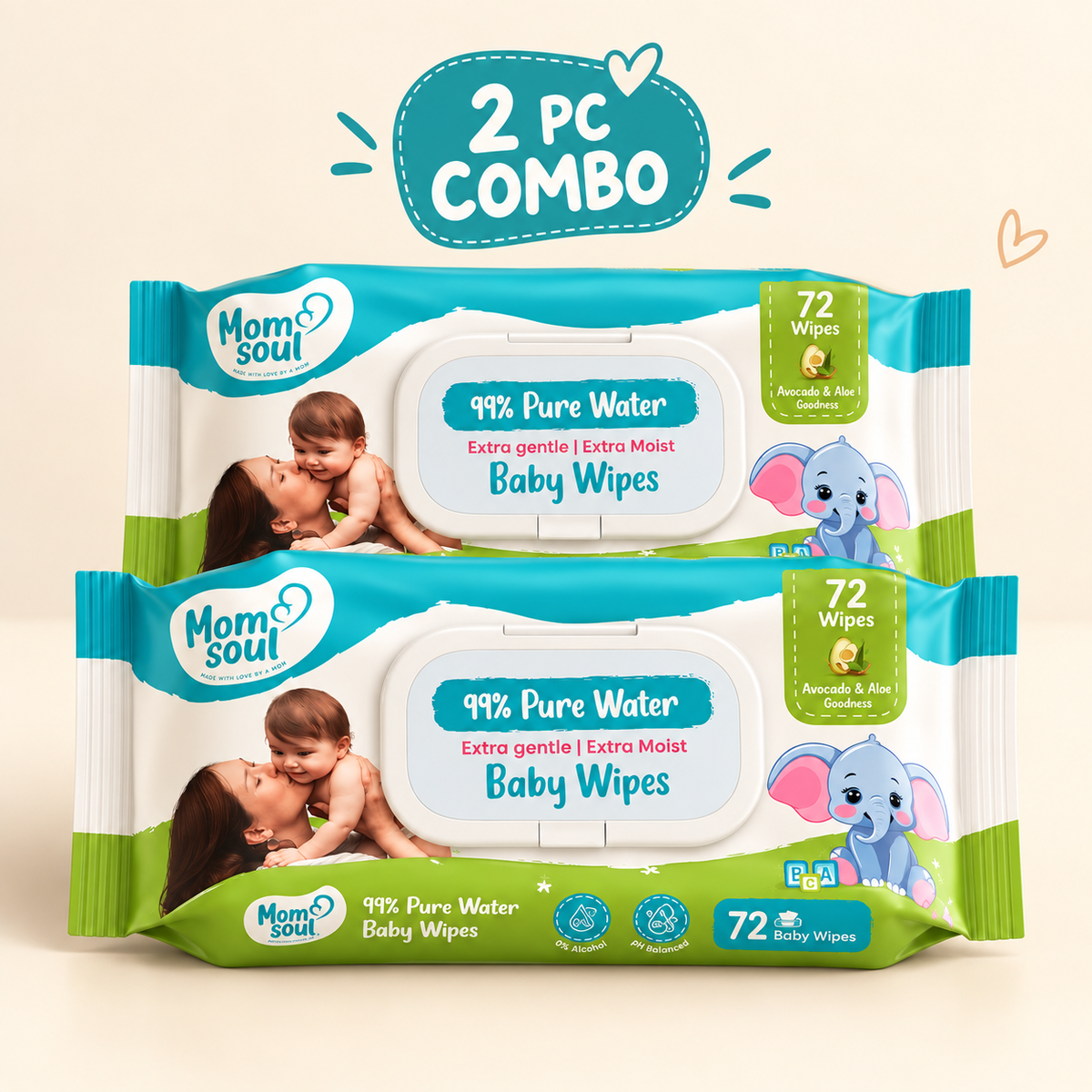 Momsoul 99% Pure Water Baby Wipes – 72 Wipes (Pack of 2)
