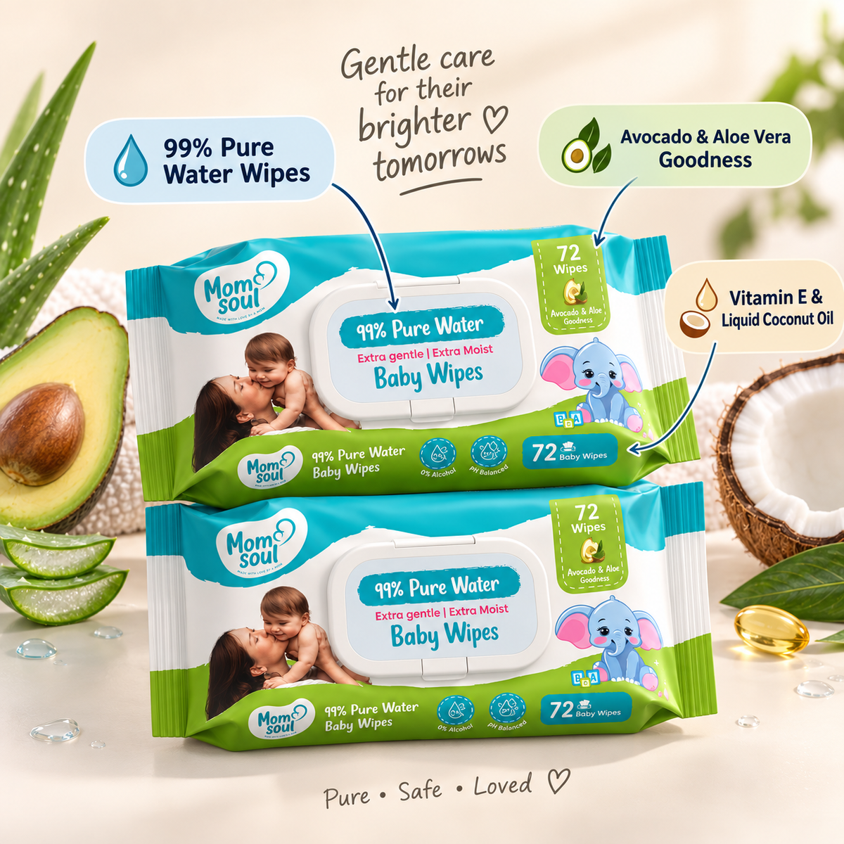 Momsoul 99% Pure Water Baby Wipes – 72 Wipes (Pack of 2)