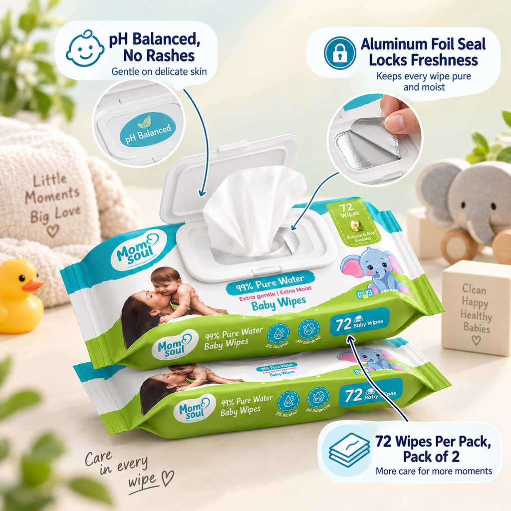 Momsoul 99% Pure Water Baby Wipes – 72 Wipes (Pack of 2)