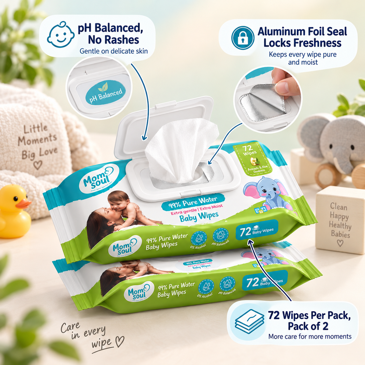 Momsoul 99% Pure Water Baby Wipes – 72 Wipes (Pack of 2)